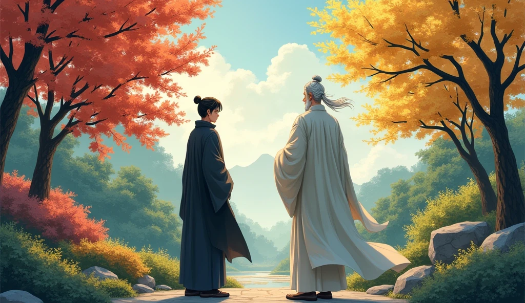 Master Koji and Hiro(an )observe the changing seasons in the temple garden. The trees are in various stages of transformation—some with blossoms, others with golden leaves, and a few bare branches. Hiro, wearing his dark robe, reflects on the lessons he has learned about change and acceptance. Koji, with his white hair and beard, stands calmly beside him, his light robe blending with the colors of nature. The scene captures the passage of time and the beauty of nature’s cycles."