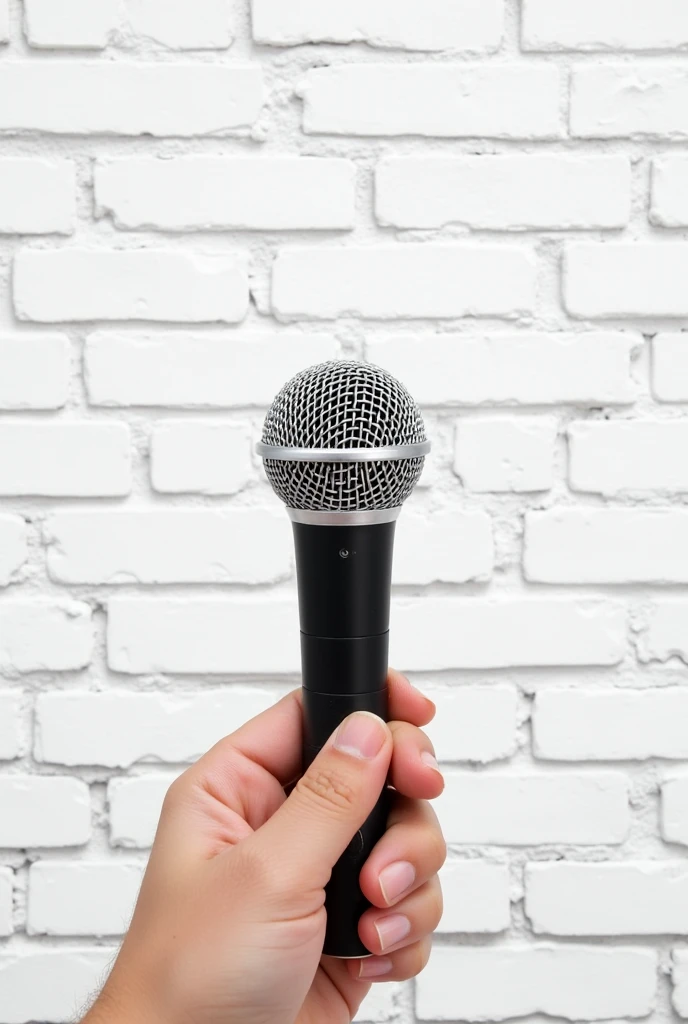 Make a vertical image of a white brick wall with a medium microphone drawn on it and a hand holding it.