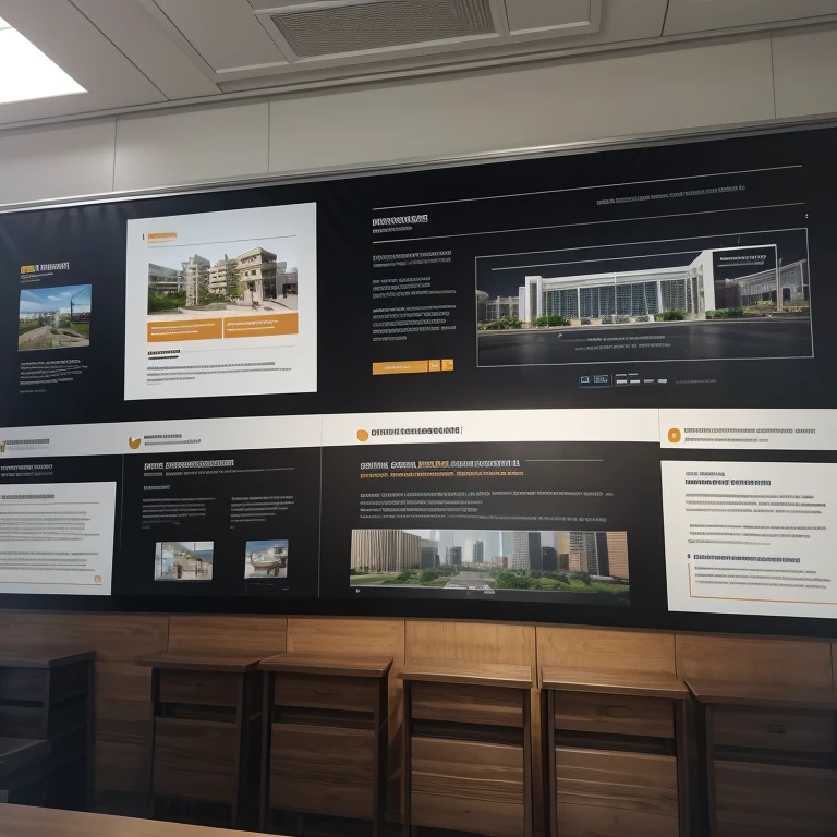 Architecture. Interior design. Commercial project with launch marketing banner. Infographics on panel. Showcase.