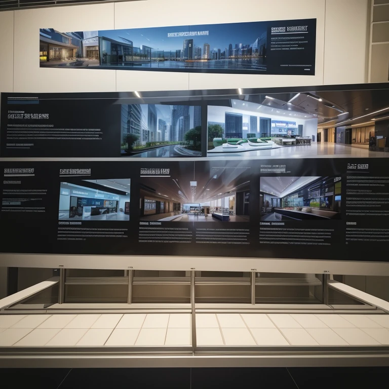 Architecture. Interior design. Commercial project with launch marketing banner. Infographics on panel. Showcase.