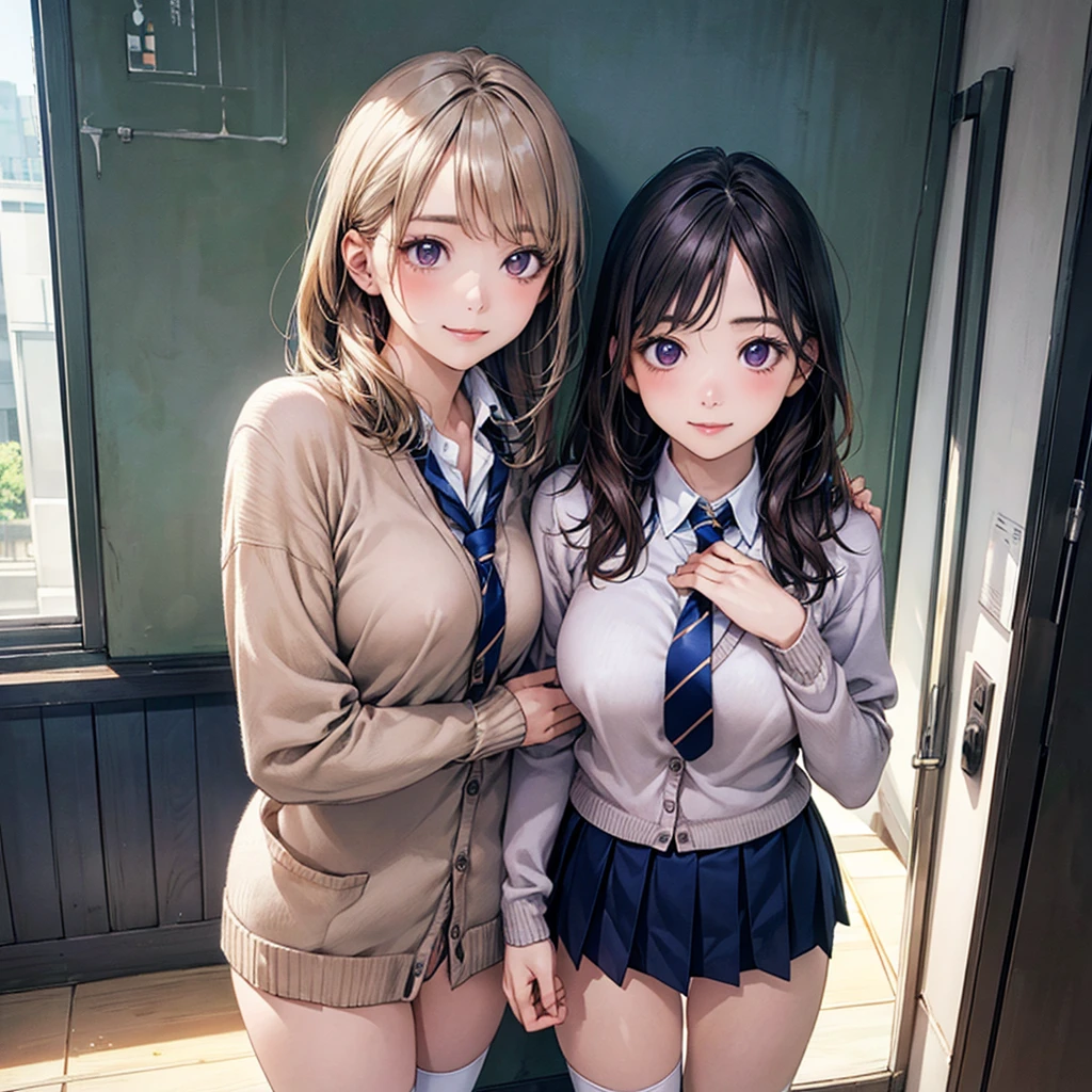 (masterpiece:1.2, Highest quality), (Realistic, photoRealistic:1.4), Beautiful illustrations, (Natural Side Lighting, Cinema Lighting), Browsing Caution, 
View your viewers, Cowboy Shot, Front view:0.6, 2 people, Japanese, high School girl, Perfect Face, Cute and symmetrical face, Glowing Skin, 
(Long Hair:1.8, Straight hair:1.7, Blonde), Asymmetrical bangs, Purple eyes, (Large Breasts:1.1, Thick thighs), 
Beautiful Hair, Beautiful Face, Beautiful attention to detail, Beautiful clavicle, Beautiful body, Beautiful breasts, Beautiful thighs, Beautiful feet, Beautiful fingers, 
((Light blue collared shirt, Navy pleated mini skirt, socks, Navy tie, Light brown cardigan)), Pink Panties, 
(Beautiful views), evening, School, classroom, curtain, walk, Place your hand on your chest, (Cute smile, Upward glance), naked, Showing her vagina, naked 、Erect nipples