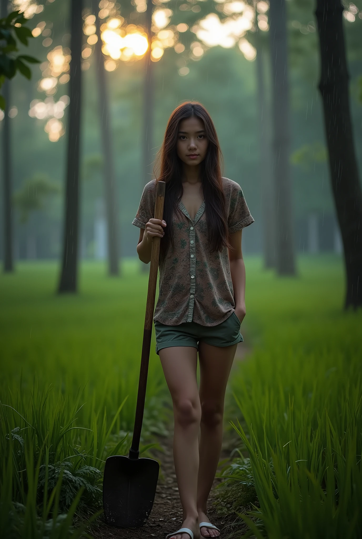 Txt2Img prompt creates a 64k photo of a quiet forest scene at dusk. The forest is bathed in a soft, gentle light, with tall ancient trees, whose leaves are shiny emerald green. Low angle portrait of a young woman with a Thai-Cambodian face, looking rustic.((sexly)) White skin, long brown hair, proportionate figure, sexy, wearing an old patterned shirt. , Very short pants, Wearing white flip-flops, she stood carrying a hoe. Behind the backdrop of newly planted rice fields, the rain was falling gently. The quiet of the evening was in the forest, bathed in a soft, gentle light. There were tall, ancient trees with leaves that shimmered in emerald green and gold. The ridges of the fields meandered gently through the forest.