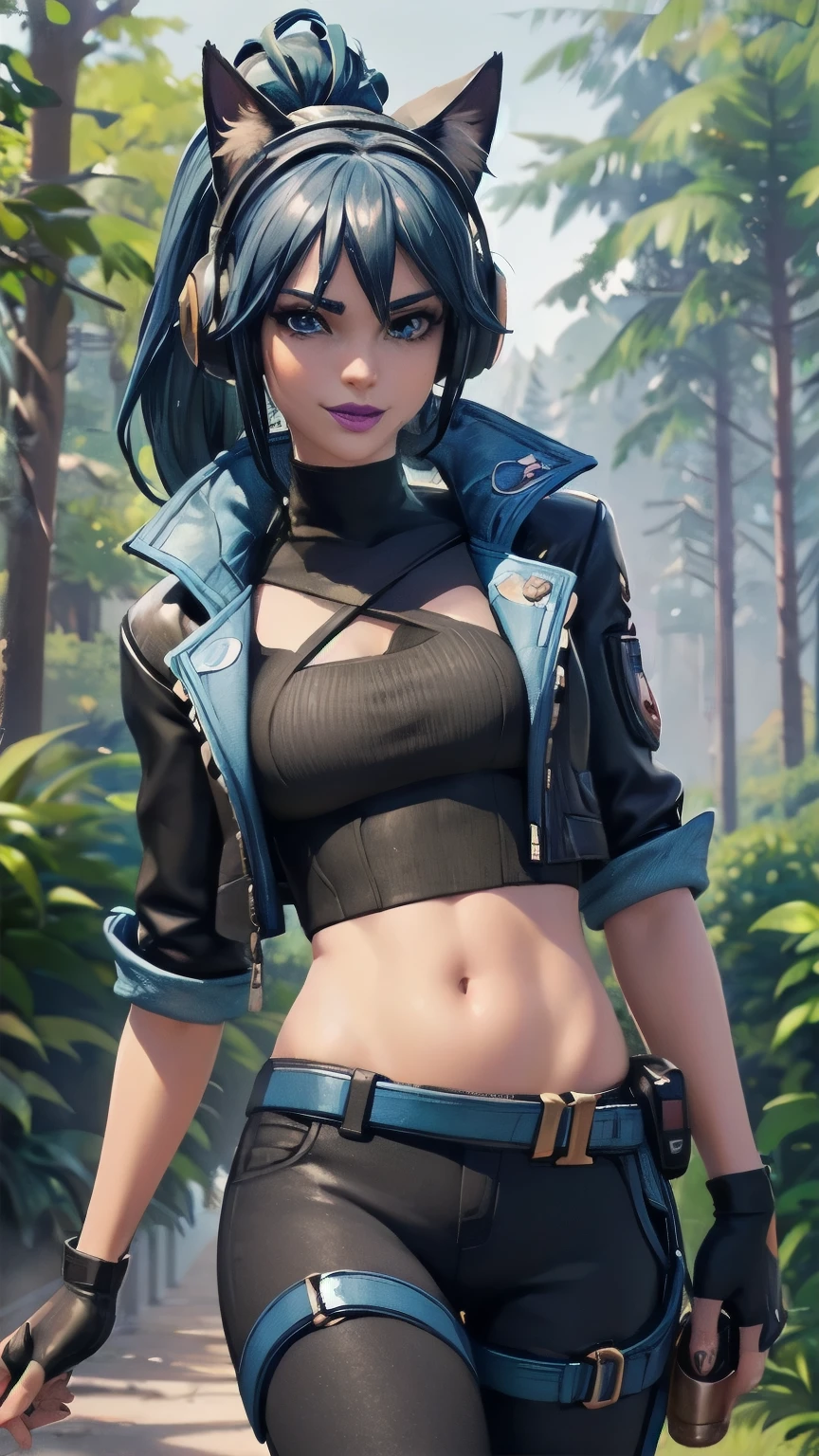 Forest background, 1girl, solo, HeroicHopeFN, Heroic Hope from fortnite, (crop top, black top, open clothes), (jacket crop top, black jacket, blue loose, jacket loose), fingerless gloves, black pants, blue belt, blue hair, ponytail, blue eyes, headphones, cat ears headphones, holster, holster spray cans, purple lips, lipsticks, smirk, looking at viewer,