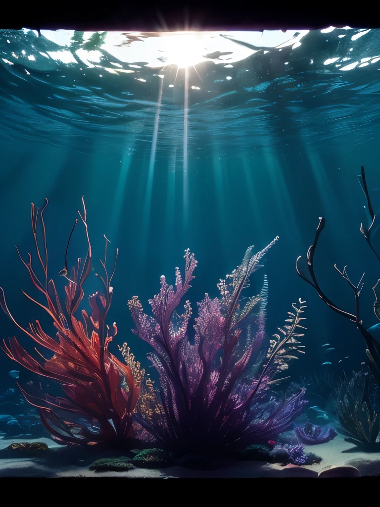 sunlight shining through the seaweed in a large aquarium, kelp forest, kelp and moss all over, tall kelp, kelp, sea kelp, deep colours. ”, seaweed and bubles, by Carl Rahl, floating kelp, by Dietmar Damerau, great light and shadows”, underwater perspective, by Andrew Domachowski