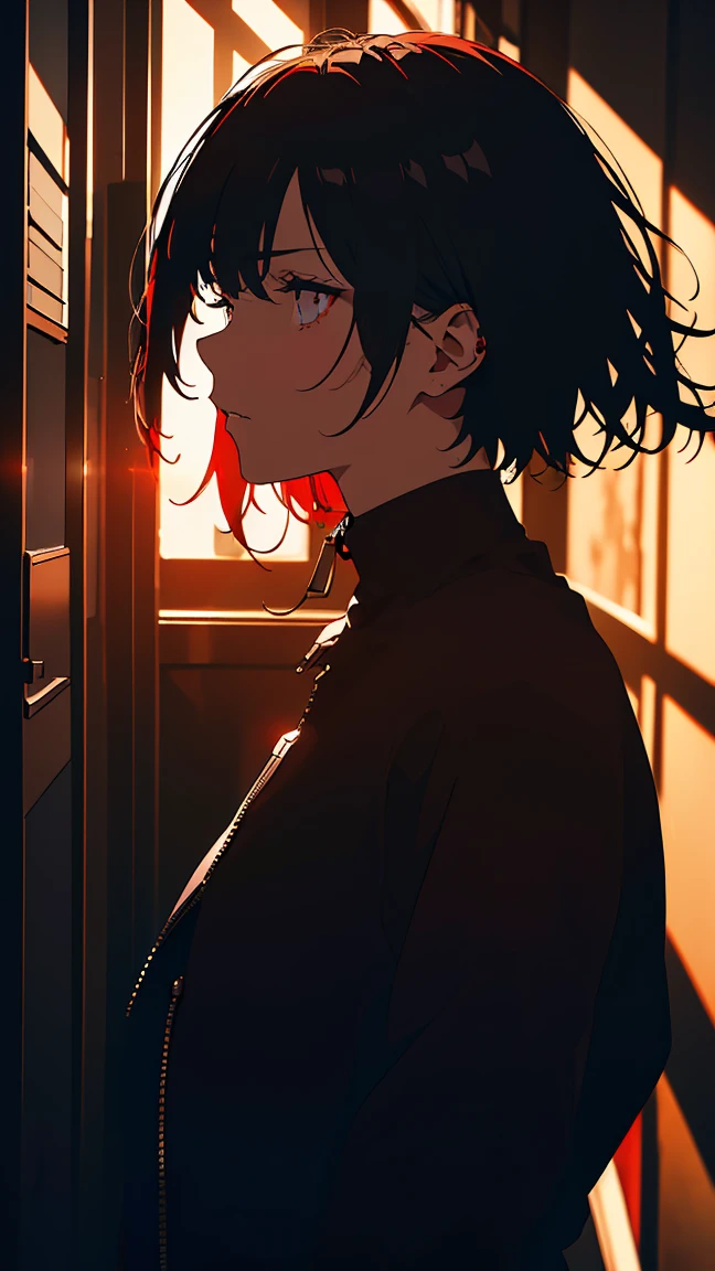 Anime girl with (short black hair:1.1), black turtleneck long sleeve, black format pants, leather jacket with zipper, (silhouetted against a red, window-lit hallway:1.3), mysterious aura, dramatic shading, high contrast, intense and somber mood, (text overlay: ".is you.":1.1), close up shot on person, psychological thriller vibe, bulging eyes, serious face, traumatized, woman with blood on her face, blood stains in clothes, she looking a mirror, (shadowed face with a hint of light on eyes:1.2), dark, suspenseful atmosphere. interrogation room,
