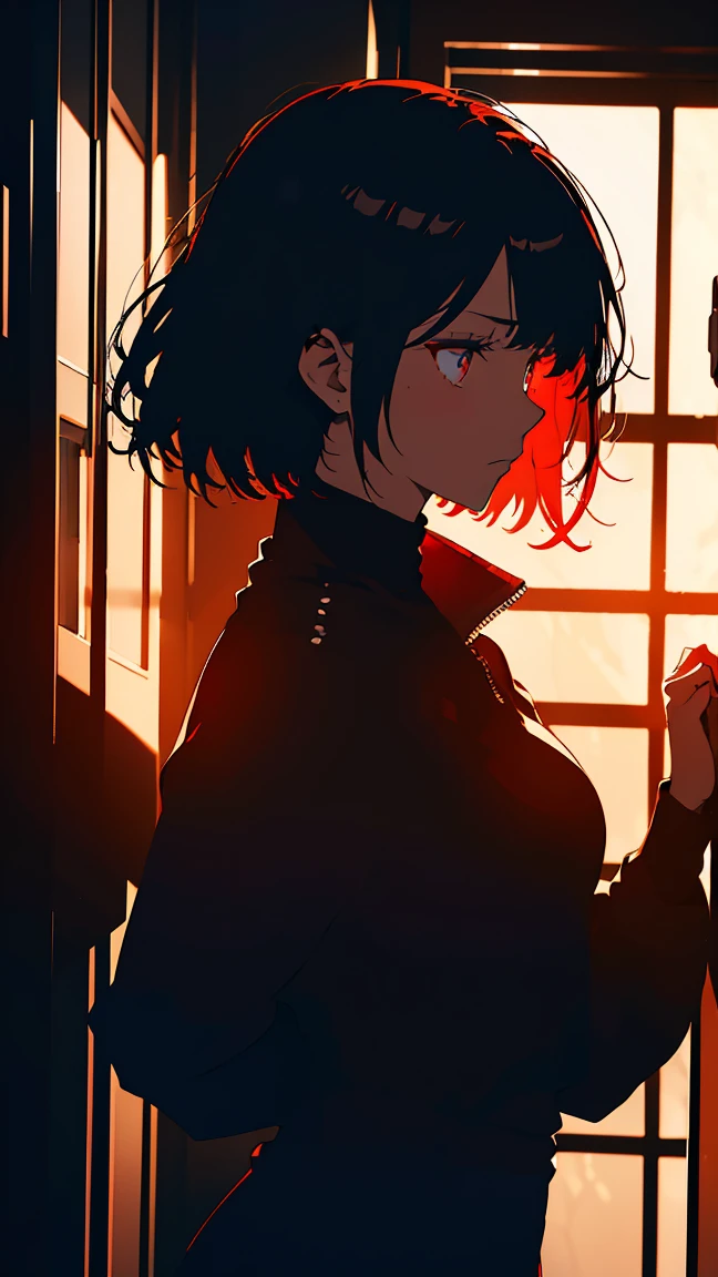 Anime girl with (short black hair:1.1), black turtleneck long sleeve, black format pants, leather jacket with zipper, (silhouetted against a red, window-lit hallway:1.3), mysterious aura, dramatic shading, high contrast, intense and somber mood, (text overlay: ".is you.":1.1), close up shot on person, psychological thriller vibe, bulging eyes, serious face, traumatized, woman with blood on her face, blood stains in clothes, she looking a mirror, (shadowed face with a hint of light on eyes:1.2), dark, suspenseful atmosphere. interrogation room,