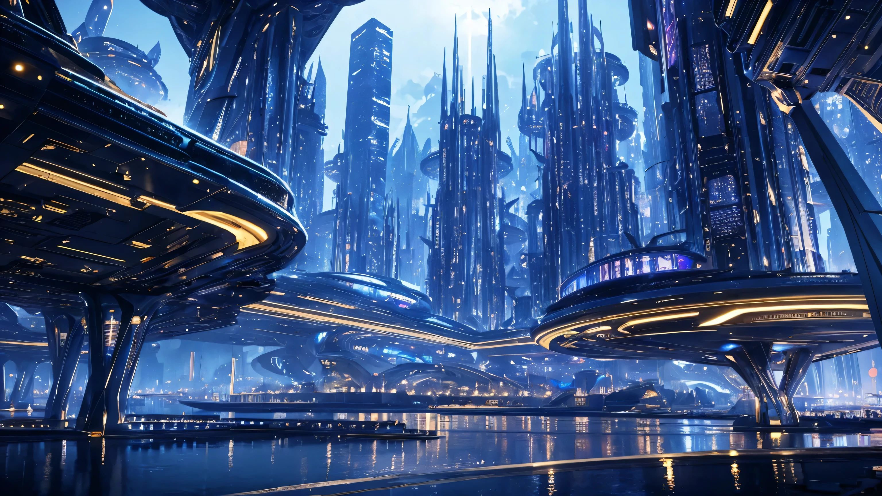 A beautiful and epic high-tech futuristic city in sapphire with gold accents