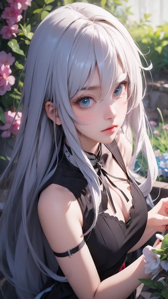 an anime character with long white hair and a sword,in a forest,a sense of adventure,friends,asia, weapon, butterfly, sword, long hair, bug, hair ornament, blue eyes, sitting, butterfly hair ornament, flower, white hair, dress, aerial shot, bright color grading, light leaks, epic fantasy(Hair style:1.5)(detailed landscape:0.6)(feminim:1.2)(hand detailed:0.2)(background masterpiece:0.1)