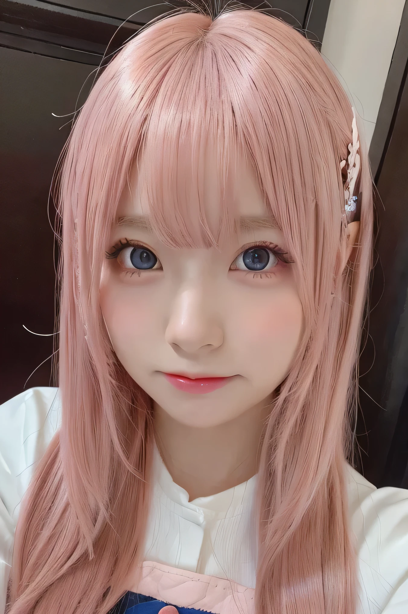 (((Super close-up shooting))),((Look at the camera)),(((Front view))),Super cute Japanese girl,(Anime girl with pink hair), Beautiful pupils, And a serious face,Slightly angry,National Foundation, best quality, masterpiece, Ultra-high resolution, In the bedroom, (Reality:1.4),Very beautiful eyes, (Symmetrical eyes:1.3),Beautiful and young々s face,Full of love,blushing,