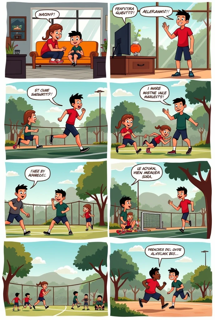 cartoon: "Get active and live!"
Viñeta 1: The Sedentary Life
(Image: Alex sitting on the couch, surrounded by snacks and watching television.)
Dialogue:
Alex: "I have no energy for anything... I just want to stay here."
Viñeta 2: The Invitation
(Image: Sara enters Alex's house, with a soccer ball in his hand and a smile.)
Dialogue:
Sara: "Hello, Alex! What are you doing? Let's go to the sports club! It is fun."
Viñeta 3: The First Attempt
(Image: Alex on the sports field, a little nervous, while other kids play.)
Dialogue:
Alex: "I don't know if I can do it... I've never played before."
Sara: "Just have fun! Everyone is here to learn."
Viñeta 4: Discovering Sport
(Image: Alex running after the ball, with an expression of emotion.)
Narration: "With each pass, Alex feels his energy growing."
Dialogue:
Alex: "This is great! I feel more alive."
Viñeta 5: El coach
(Image: A coach encouraging Alex and other boys.)
coach: "Well done, equipment! Remember, Sport improves our health and unites us."
Viñeta 6: The Challenge
(Image: Alex in a competition, with a group of friends cheering him on from the finish line.)
Dialogue:
Alex: "I can do it! I've worked hard to get here."
Viñeta 7: The Celebration
(Image: Alex with a medal, Smiling and celebrating with Sara and the coach.)
Dialogue:
Alex: "Thanks for motivating me. Sport is amazing!"
Sara: "I knew you would make it!"
Viñeta 8: Final Reflection
(Image: Alex and Sara sitting in a park, talking and laughing.)
Narration: "Now, Alex has discovered that physical activity not only improves his health, but also brings joy and new friendships."
Dialogue:
Alex: "Get active and live! I will never be sedentary again." LET THE DIALOGUES BE WRITTEN IN SPANISH