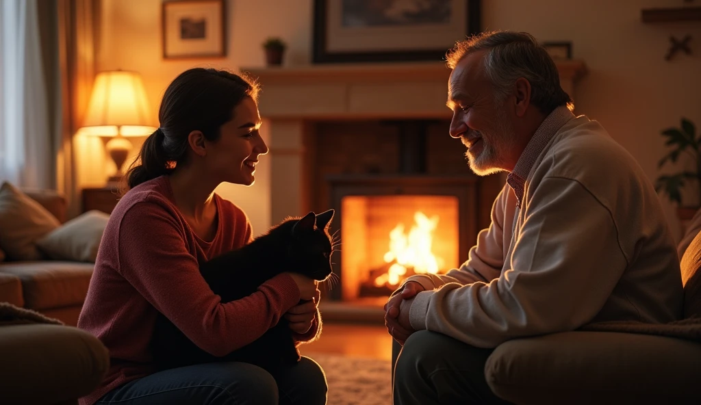 “Inside a warm and cozy living room, Sam’s parents, a kind-looking mother and father, are gently smiling down at Sam, who is holding the dark-furred cat. The room has soft lighting, and a fire is crackling in the fireplace. Sam is smiling with relief as his parents nod in agreement.”