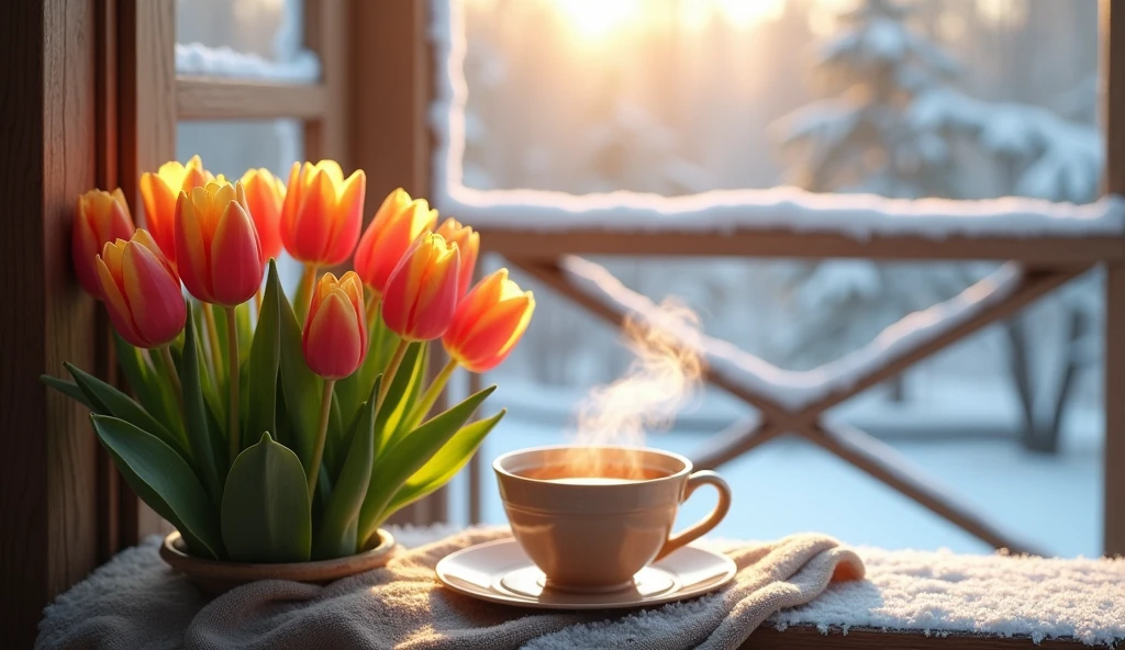 Experience the charm of a winter morning with a delightful bunch of tulips on your veranda, paired with a cup of tea. It’s a scene that promises cozy comfort and aesthetic pleasure.