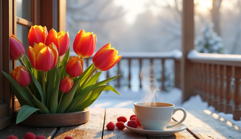 Experience the charm of a winter morning with a delightful bunch of tulips on your veranda, paired with a cup of tea. It’s a scene that promises cozy comfort and aesthetic pleasure.