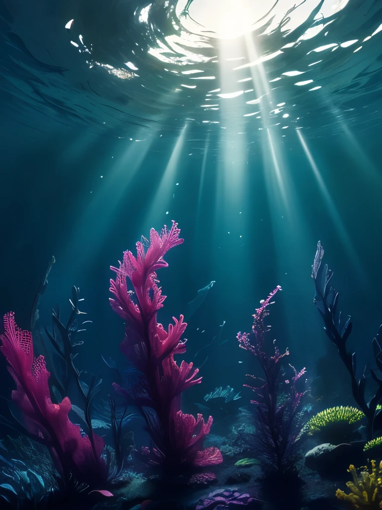sunlight shining through the seaweed in a large aquarium, kelp forest, kelp and moss all over, tall kelp, kelp, sea kelp, deep colours. ”, seaweed and bubles, by Carl Rahl, floating kelp, by Dietmar Damerau, great light and shadows”, underwater perspective, by Andrew Domachowski