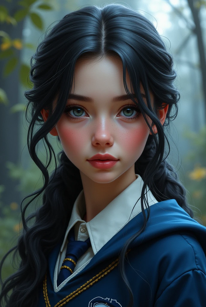 elle a le teint rose, un visage en forme de diamant, un nez en trompette, des yeux en amande bleu-gris, des longs cheveux noirs à moitié attachés, des lèvres pulpeuses et elle porte un uniforme de serdaigle, caucasienne
en réalisme