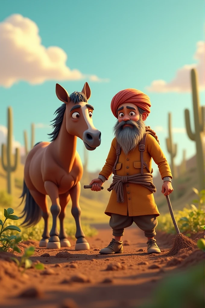 In cinematic 3d Cartoon style "Rebuilding the Fields:

Farmer Ramoo and horse Raja working together to restore the fields.
Ramoo sowing seeds or tilling the soil with Raja nearby, both working diligently."