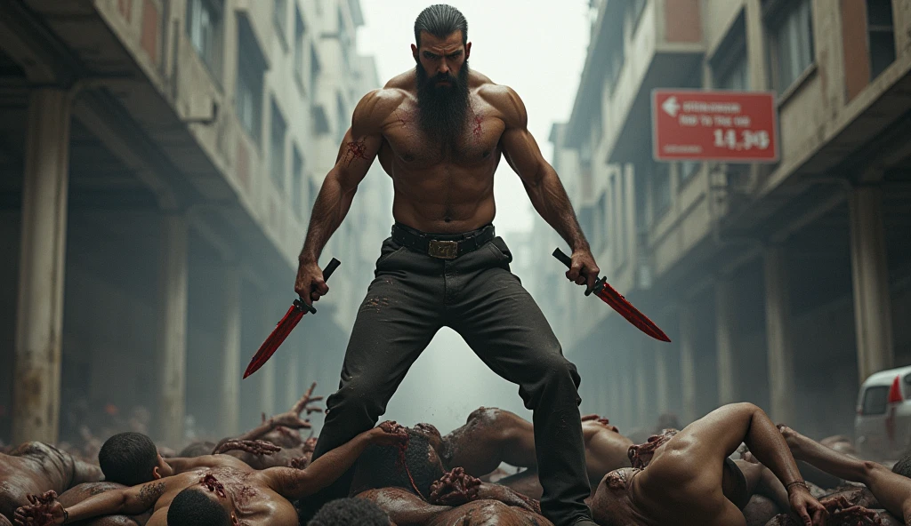 Best quality, masterpiece, ultra high res, photorealistic:1.5, raw photo,ultra reality, bearded man, short hair, a man standing on a pile of dead humans, holding knives in both hands, bloody hands, injured, some bruises, fighting, in the city