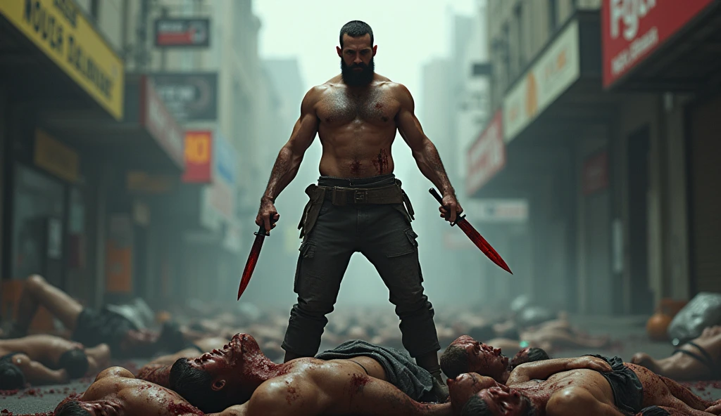 Best quality, masterpiece, ultra high res, photorealistic:1.5, raw photo,ultra reality, bearded man, short hair, a man standing on a pile of dead humans, holding knives in both hands, bloody hands, injured, some bruises, fighting, in the city