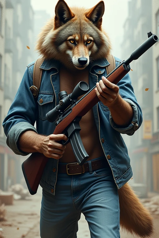 The lower half of the body is jeans, the upper half is a werewolf, the face is Che Guevara, and the weapon is a sniper rifle.