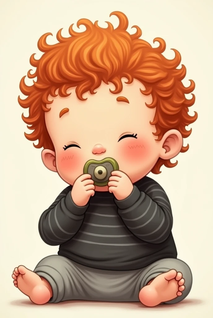 Create illustration of  with curly red hair, little belly, wearing a black and gray striped shirt and sucking on a pacifier.