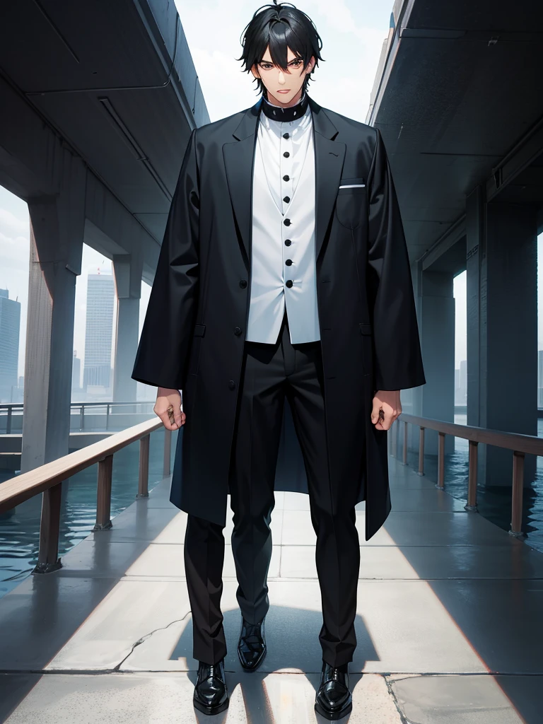A Really Tall figure Sized black haired black eyed man in a black Gakuran Outfit,At The Walkway Over The Hudson 