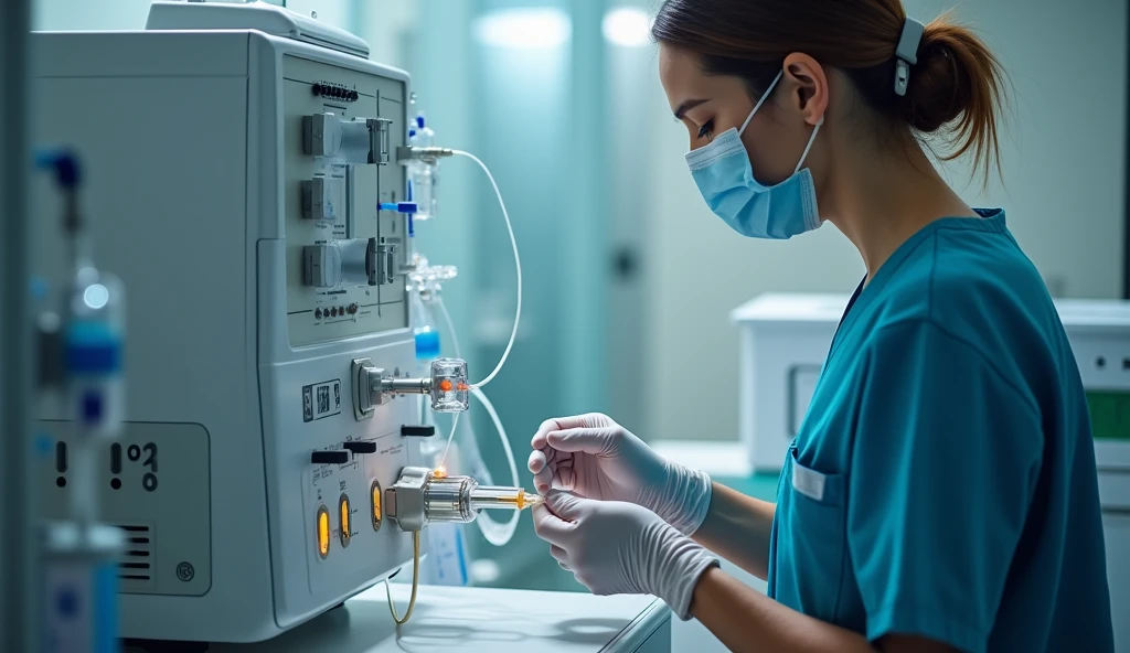 Dialysis technician connecting sterile needles and syringes to a hemodialysis machine