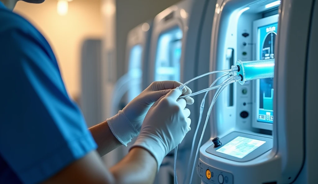 Dialysis technician connecting sterile needles and syringes to a hemodialysis machine