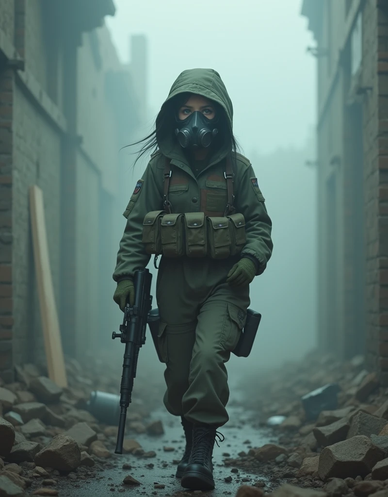 (Photorealism:1.2), cute armed woman, A female soldier wearing a gas mask patrols a fog-filled ruin.