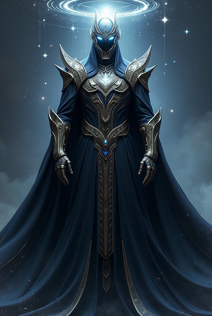 Robes of Cosmic Energy: The Beyonder wears long, flowing robes made of a material that seems to shimmer and shift like the fabric of space itself. The robes are primarily deep black, with hints of starry constellations scattered across them, resembling the night sky. The edges of the robes glow faintly with a white or bluish energy, as if the fabric is charged with cosmic power.
Ornate Cosmic Armor: Over the robes, the Beyonder wears ornate armor that appears to be forged from a metal not of this world. The armor is sleek and streamlined, with angular designs and glowing runes etched into the surface, pulsating with energy. The metal might have a chrome or iridescent finish, reflecting various colors depending on the light.
Crown or Headpiece: The Beyonder's head is adorned with a crown or headpiece that hovers slightly above their head, made from the same cosmic metal as the armor. It is intricate and adorned with gems that glow with an inner light, symbolizing their status as a being of immense power.
Floating Orbs or Symbols: Around the Beyonder, several small, glowing orbs or abstract symbols float in the air, constantly in motion. These represent the Beyonder’s control over the fundamental forces of the universe and give a sense of their boundless power.
Eyes and Aura: The Beyonder's eyes glow with a piercing light, perhaps white or blue, and their entire form is surrounded by a faint, shimmering aura that pulses with energy. The aura occasionally crackles with energy, hinting at the raw power within.
This outfit reflects the Beyonder's cosmic nature, blending regal elegance with an otherworldly, almost alien, sense of power and authority.