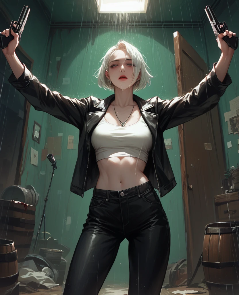 A stunning, anatomically correct, 4K-resolution masterpiece featuring a woman with pale skin and white hair standing against a blood-splattered door in a dimly lit, grungy room. She is wearing a black leather jacket, a revealing top, and dark pants, showcasing impeccable details. The woman is holding two guns, one in each hand, with her arms outstretched, exuding confidence and intensity. The lighting is dramatic, casting a greenish hue over the scene, with rain pouring down inside the room, adding to the eerie atmosphere. The background includes a large barrel and various intricate objects, contributing to the chaotic and intense setting, crafted with super detailing and award-winning quality.