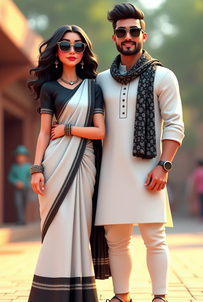"A stylized 3D illustration of a fashionable couple standing side by side, exuding confidence and style. The woman is wearing a traditional white saree with black borders, complemented by black blouse, stylish sunglasses, and a watch. Her hair is wavy and flows gracefully, adding to her elegant appearance. The man beside her is dressed in a modern white kurta paired with a patterned black scarf, sunglasses, and a watch. Both have a trendy, contemporary look with youthful charm, against a blurred outdoor background, creating a perfect blend of tradition and modernity."