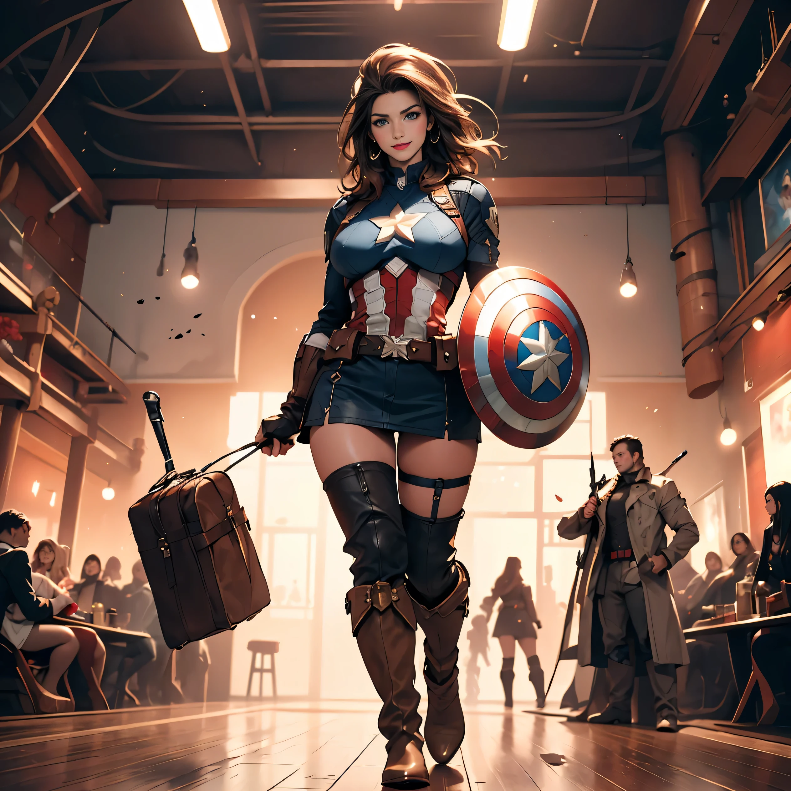 Pretty Caucasian (female), Sarah Shahi, a slim but muscular body, huge breasts, dark brown messy hair, blue eyes, ((bright red lipstick)), ((seductive smile)) (()) ((big bright blue eyes)) ((long messy dark brown hair)) ((big breasts:1.6)) ((slender body:1.3)) (wearing marvel's captain America costume, [[[ultra micro miniskirt, very very very micro miniskirt exposing full lengthy thighs and knees]]], ((ankle high boots)),)) ((in battle ground)) ((high definition:1.5), ((pale lights)) ((masterpiece:1.5))((8k:1.5)) ((Best quality:1.4)), [[[detailed eyes, detailed hands, detailed fingers, detailed beautiful thighs, large explosive cleavage, healthy thick thighs, standing, spread legs,]]] full body view, front view

