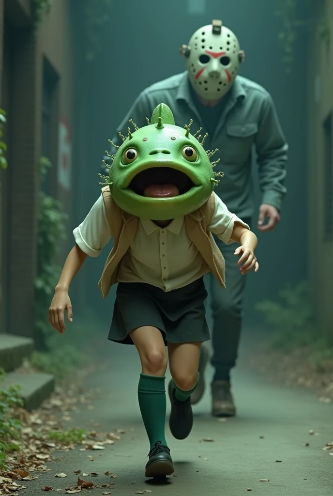 ((Highest quality)), ((photorealistic, hyperrealistic photo, portrait)), (front), (Screaming Pufferfish:1.6), (The upper half of the pufferfish is green.), (Short sleeves), ((No hair)), (The Kusafugu has 20% of the facial features of a human female.), (horror movie posters:1.5), ((Horror movie title「Jason vs Soraroid」Write:1.2)), ((Jason:1.8)), (クサフグ対Jason), A pufferfish with a very realistic head, A woman with a human body, オフホワイトで襟付きのShort sleevesシャツに薄茶色のベストを着てひざ丈の黒いスカートに濃い緑色の短い靴下と黒の靴を履いてる, Jasonに追われて全力で走っている, Photorealistic images,