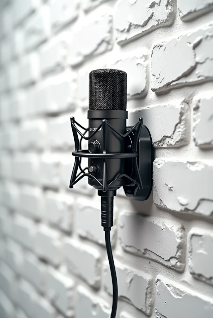 make a vertical image of a white brick wall with a professional microphone drawn on the wall
