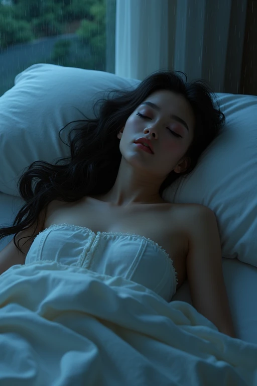 ((best quality)), ((masterpiece)), (detailed), 1girl, sexy,(girl view from above:1.6),Sleeping girl, lying bed,closed eyes,lying bed,20-2s girl,long eyelashes girl,dark night sky, landscape, night view,high quality image, whole body,(huge stunning goddess shot, very hot and sexy, jaw-dropping beauty, perfect proportions, beautiful body, slim body beauty:1.4), heavy rain night view through the window,full body,dark night