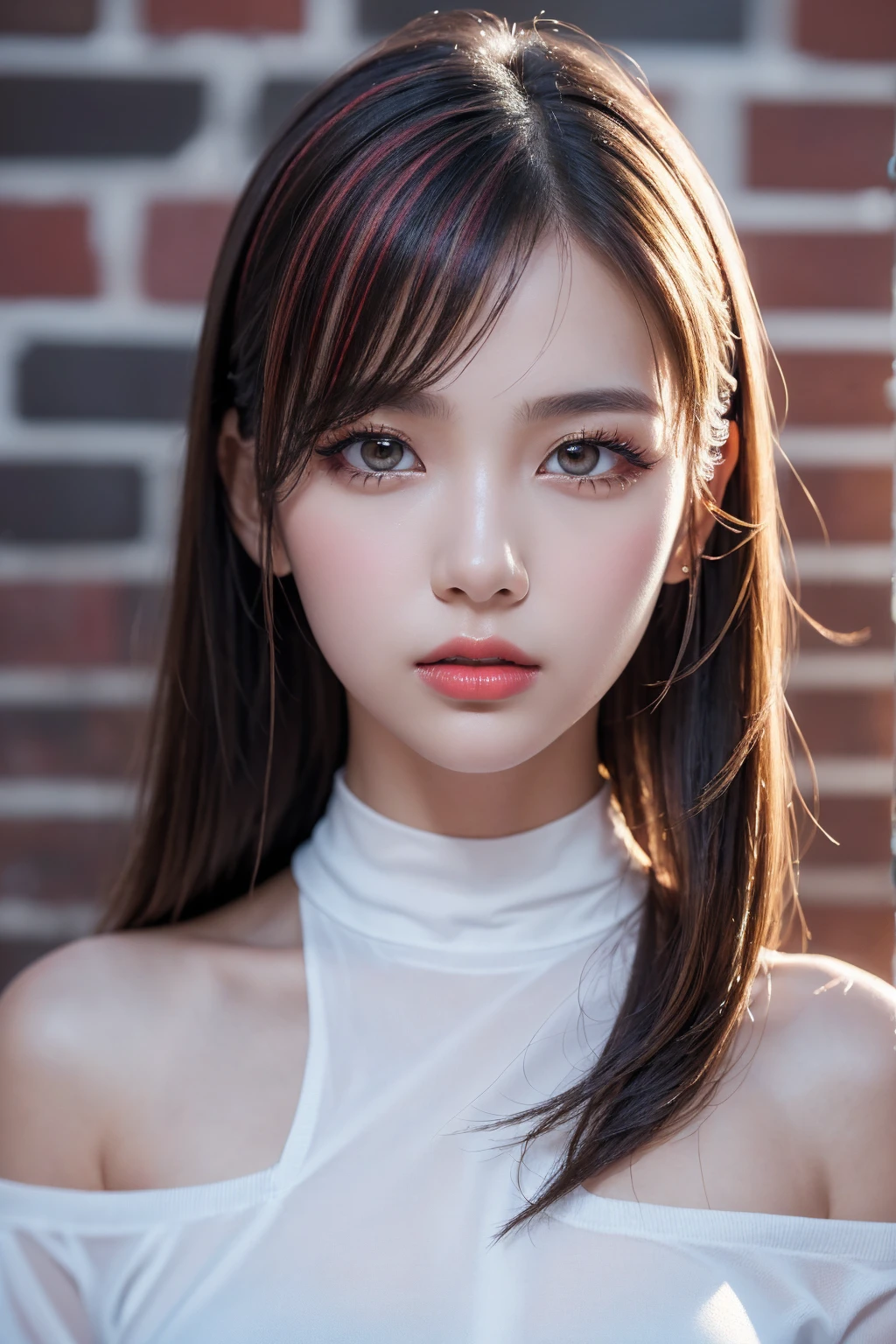 Realism, Realistic, ultra realistic details: velvety skin, symmetrical lips, (light glossy red_lipstick), (long blue_eyelashes), pupils, BREAK, ultra realistic 8k cg, masterpiece, ((ultra detailed background, delicate pattern, intricate detail)), best quality, intricate details, chromatic aberration, (anatomically correct), (perfect proportions), Hyper-Photorealistic ((portrait)) a cute 1model:1.4 24yo, Caucasian model, incredibly ridiculous, beautiful girl, cute, dslr, best high quality soft lighting, sharp focus captured by Fujifilm XT3, f 5.6, in a dramatic lighting, (perfect composition), (arranged hairstyle, long hair, golden hair, messy hair, red highlights, hair over one eye), sharp eyes, choker, ((brick wall, graffiti)), dim lighting, alley, oversized shirt,off shoulder, see through white shirt, Masterpiece, best quality