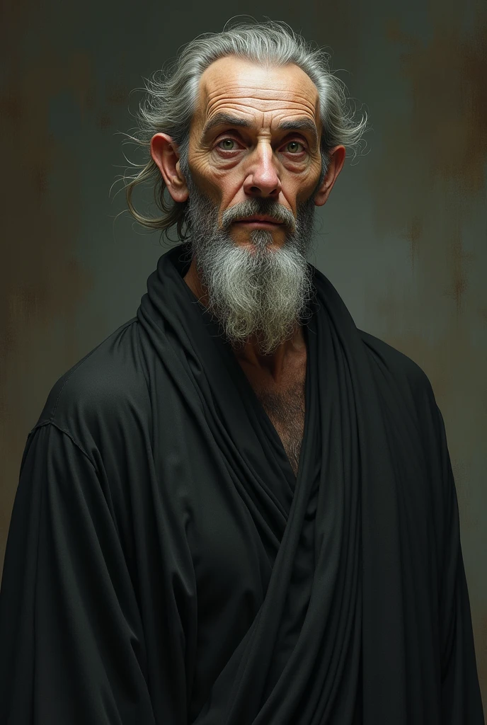 - Height: thin and tall, with an imposing presence.
- Face: Pale and ascetic, with sharp features and sunken eyes.
- Eyes: gray or green, with an intense and penetrating look.
- Hair: Sparse and graying, which gives him a wise or erudite appearance.
- Outfit: Dark and simple tunic, suitable for a theologian or philosopher to have this man speaking about how religion should be taught