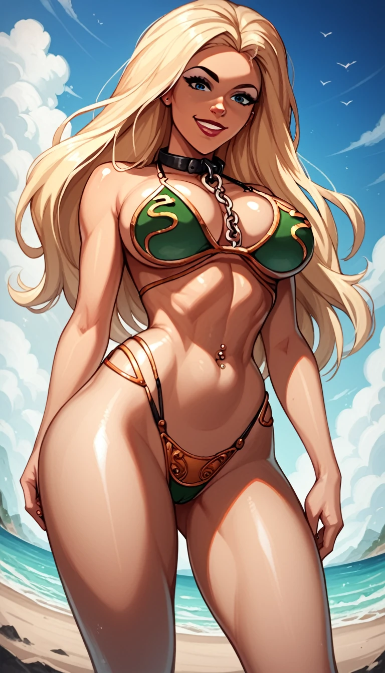 score_9, score_8_up, score_7_up, source_anime, best quality, solo, clear face, stripperella, blonde hair, long hair, large breasts, perfect body, looking at viewer, smile, slave, shiny slave bikini, in the beach, standing, dynamic angle, high leg thong, big ass, wide hips, low angle, navel piercing,