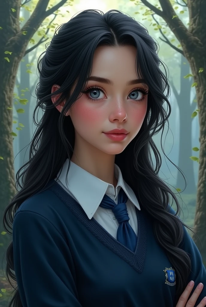elle a le teint rose, un visage en forme de diamant, un nez en trompette, des yeux en amande bleu-gris, des longs cheveux noirs à moitié attachés, des lèvres pulpeuses et elle porte un uniforme de serdaigle, caucasienne

en réalisme