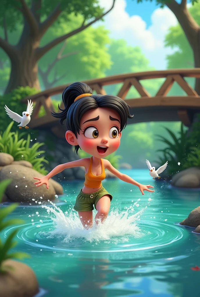 Need animation style.But suddenly her foot slipped and she started falling into the river.