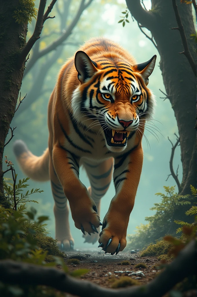 A scrau wolf with a tiger