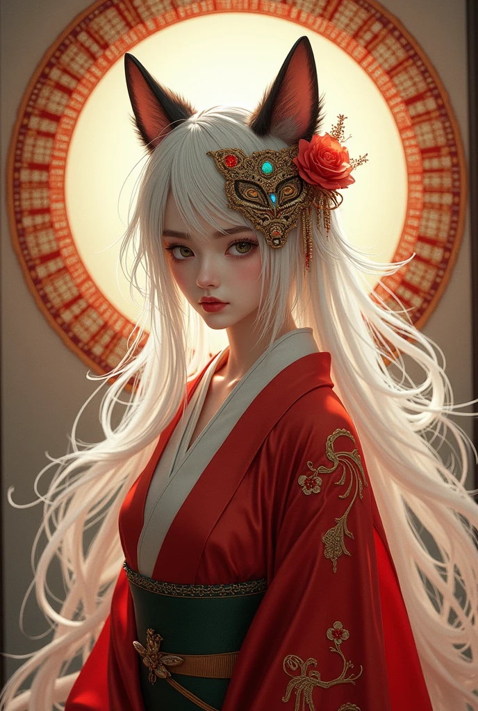 Fox mask, white hair, red kimono, one girl, official art, uniform 8k wallpaper, super detailed, beautiful, aesthetic, masterpiece, highest quality, realistic, (Japanese room background), courtesan, (zenTangle, mandala, tangle, entangled background: 0.7) Fox, Fox Mask Template, Haori, Fox Fire Spell, Fox Familia, Conversion, Depth of Character Border, Fantastic Atmosphere, Most Beautiful Chaos Shape, Elegant, Brutalism Design, BREAK, Gorgeous Hair Ornament, Front facing
