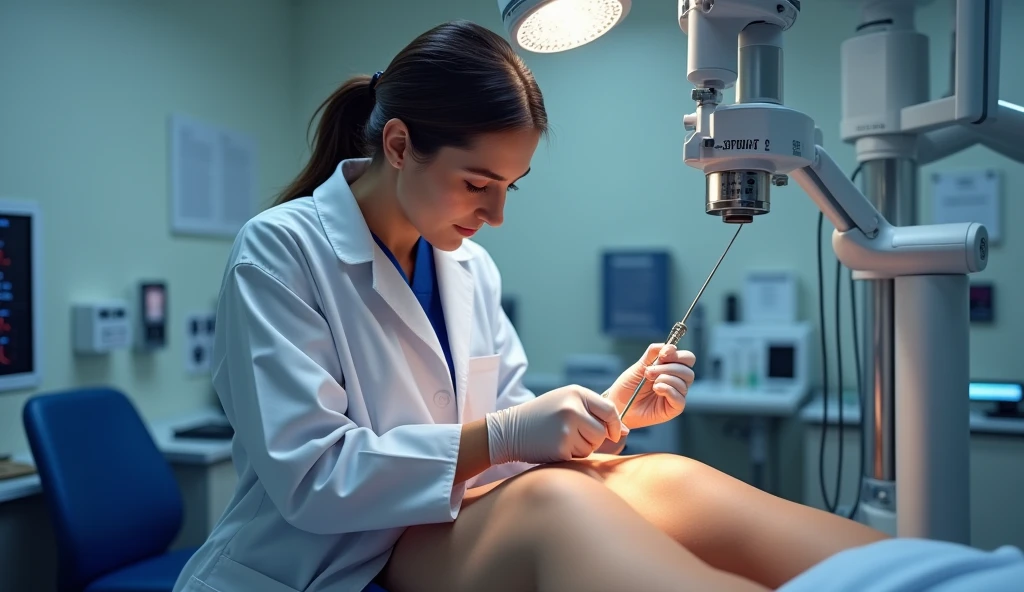 Sports medicine physician using a large-gauge needle for joint fluid aspiration