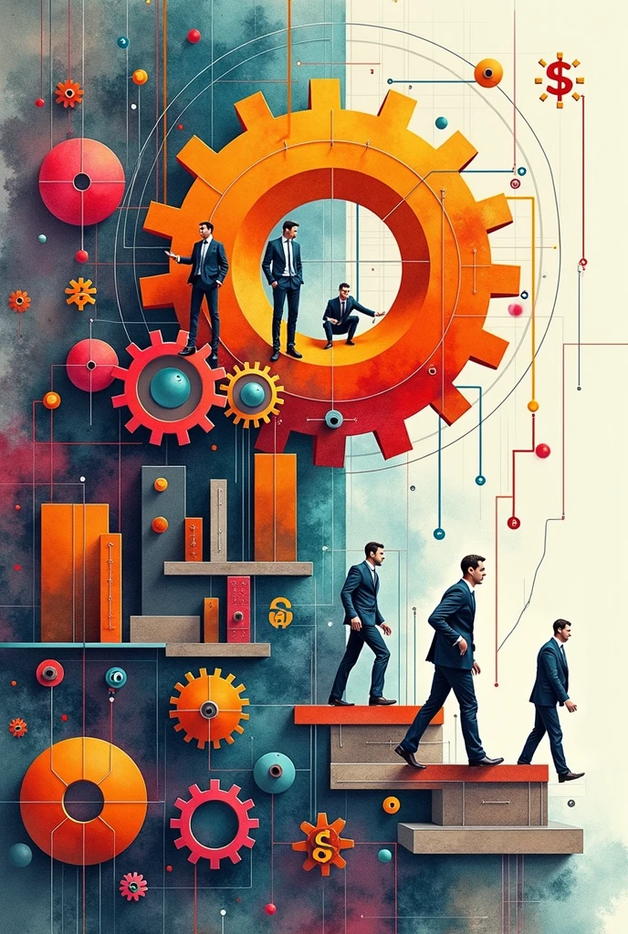 Create three-dimensional gears, circles, and squares, currency, graph lines, and many businessman images. Using watercolor and mixed media Use bright colors The light source is in the upper right corner. --ar 2:3