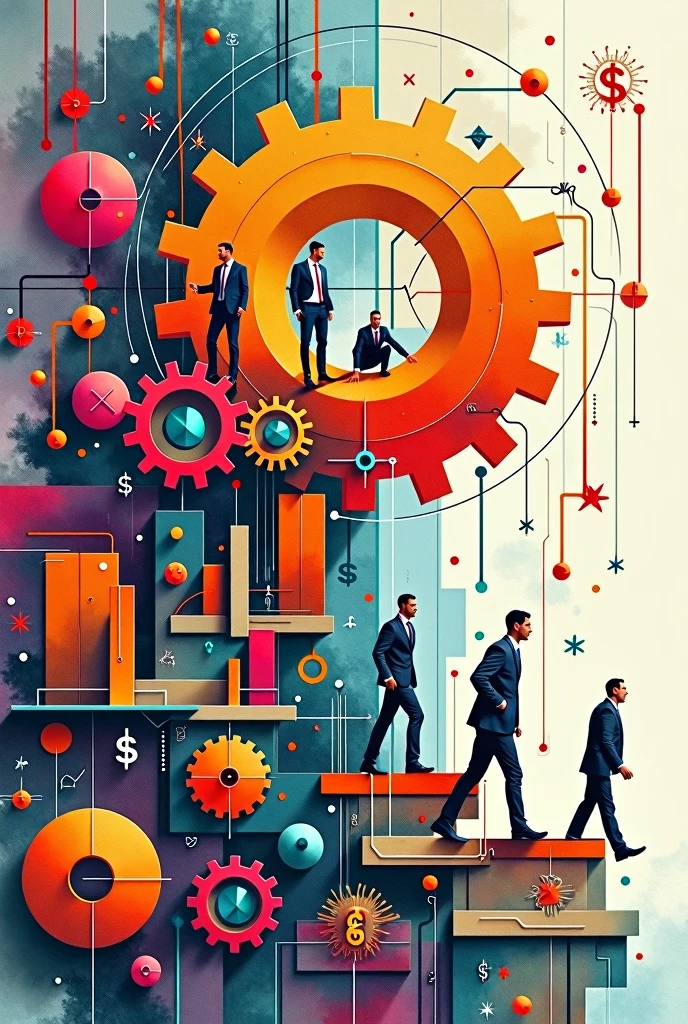Create three-dimensional gears, circles, and squares, currency, graph lines, and many businessman images. Using watercolor and mixed media Use bright colors The light source is in the upper right corner. --ar 2:3