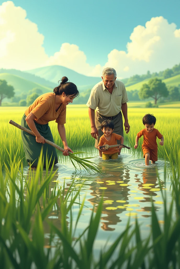 Parents working in paddy field where kids sre playing
