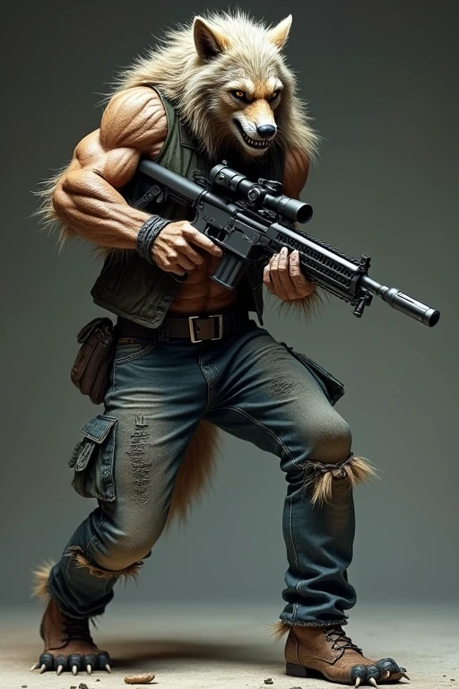 The lower half of the body is jeans, the upper half is a werewolf, and the weapon is a sniper rifle.