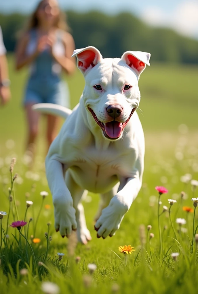Generates a white pitbull playing in a green plan with a 2 man