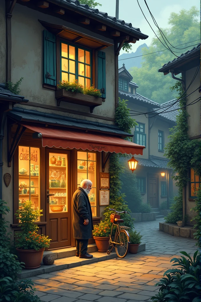 Image of a small tea shop next to the old house with the shopkeeper, Kesto, closing up in the evening.
