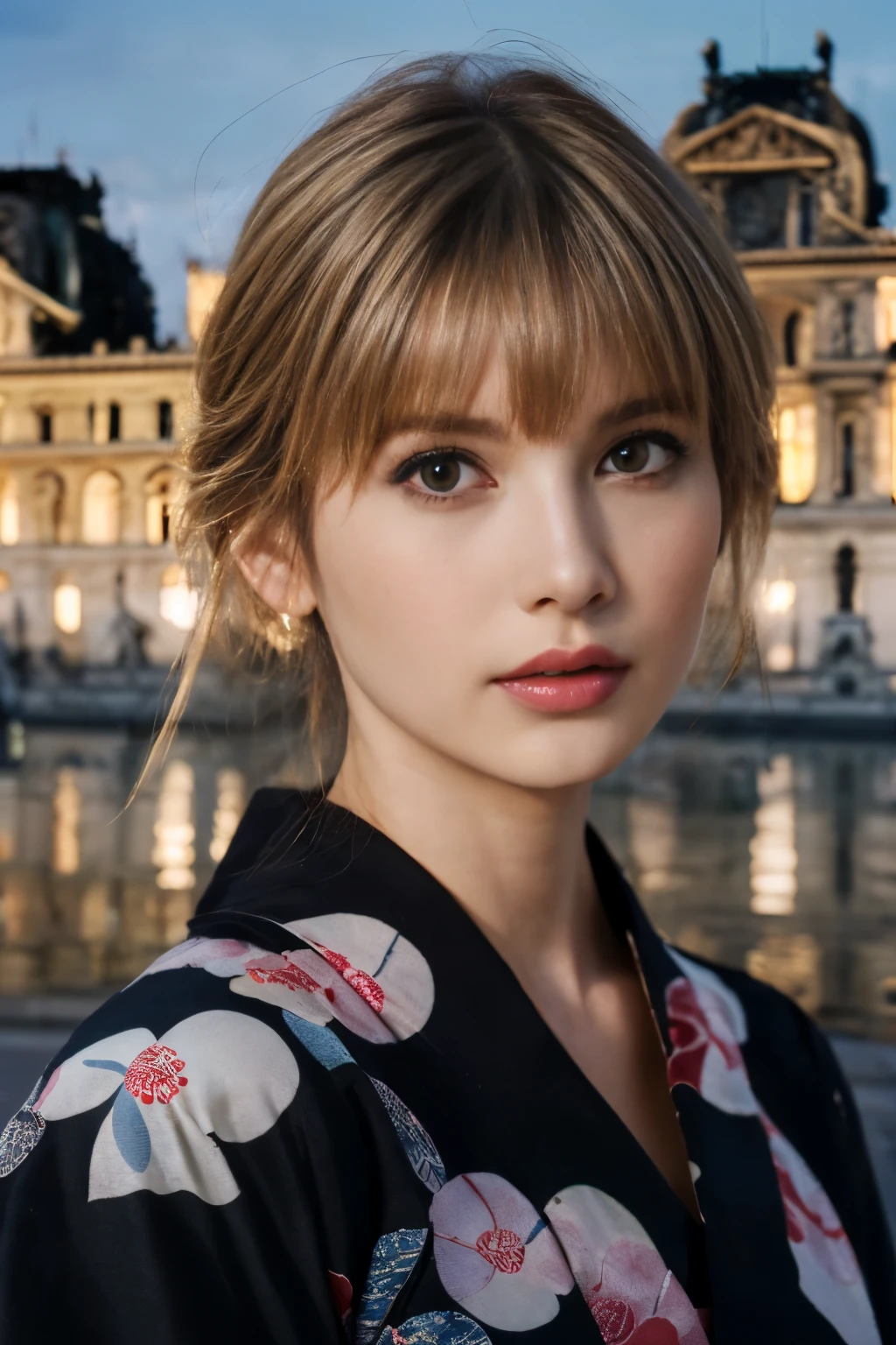 ((masterpiece:1.4, Highest quality)), (Realistic photos:1.4),
((1 person)), (Otherworldly beauty), (dream-like),
(超High resolution:1.2), Very delicate and beautiful, wonderful, Very detailed CG Unity 8k wall paper, Very detailed, High resolution,
Soft Light, Beautiful detailed, Very detailed eyes and face, Beautiful and detailed nose, Beautiful and detailed,
(Portrait of a Parisian woman wearing a yukata:1.3), (Outdoor), (With the illuminated Louvre at night in the background:1.3),
Cinema Lighting, Perfect Anatomy, Slender body, (Dark blond hair), (Parted bangs), (bright eye color),
Cowboy Shot